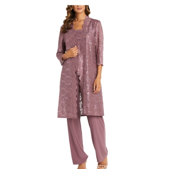 Women's R&M Richards 3 Piece Sequined Lace Pant Suit Set Size 12 Light Purple - Picture 1 of 15